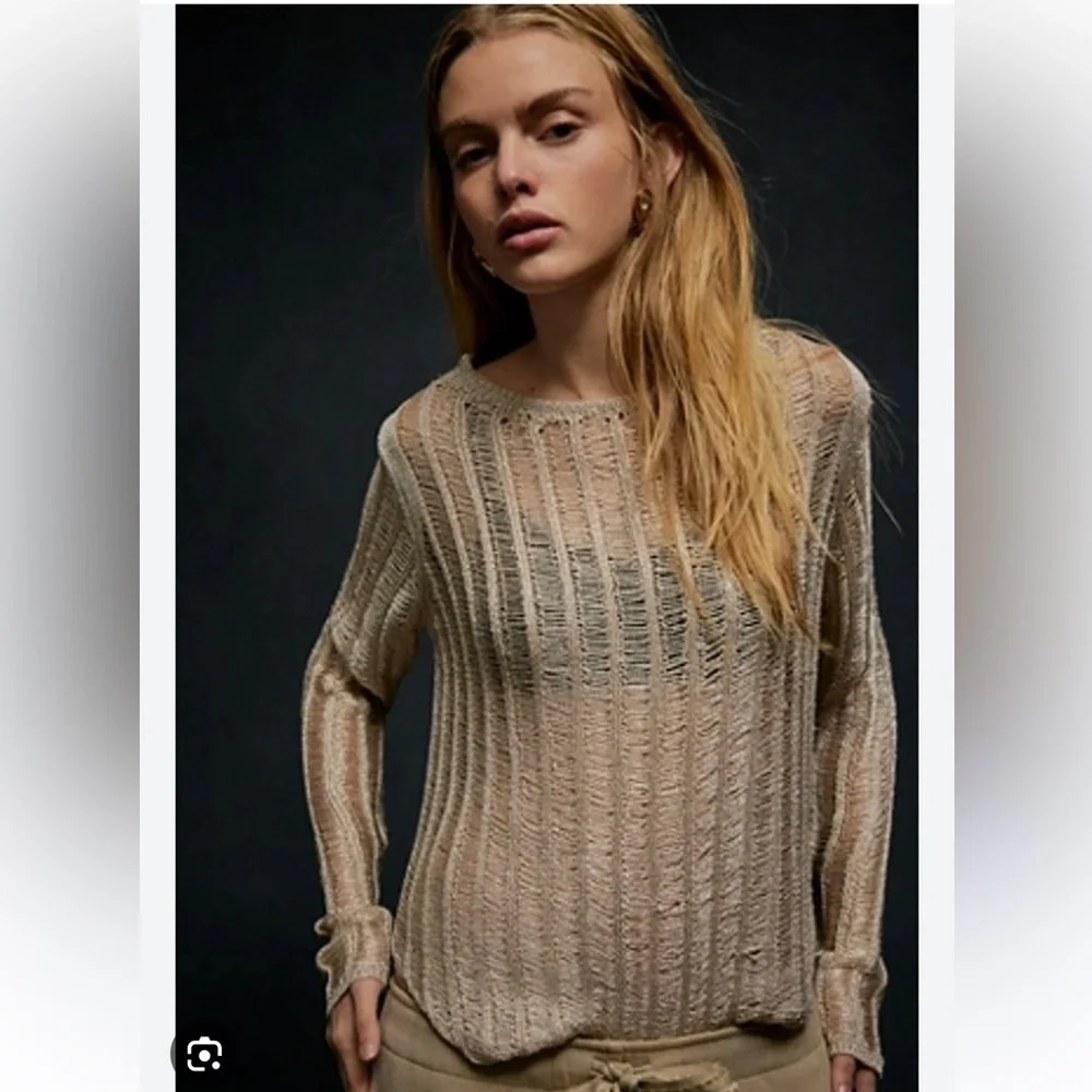 Free People Let’s Dance Long Sleeve Metallic Gold Sweater Top Size XS New